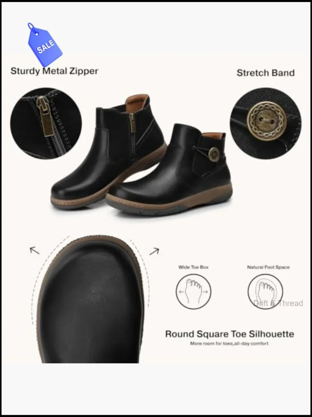 Women's Ankle Booties with Arch Support - Slip On Short Boots Square Toe